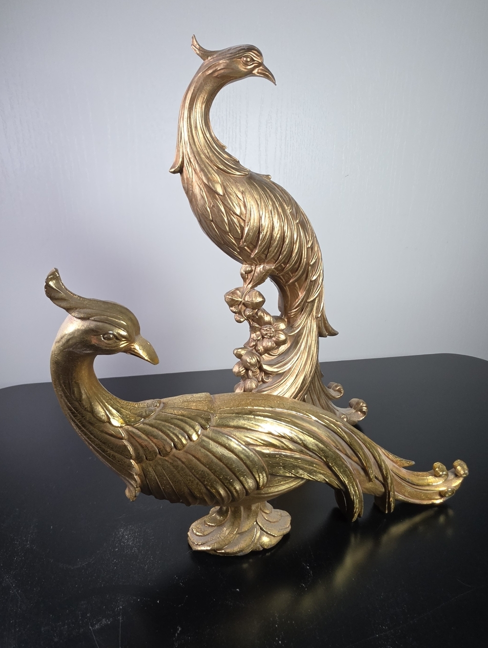 Gold Peacock Sculpture Pair - Elegant Home Art Décor By Syroco - Picture 4 of 13